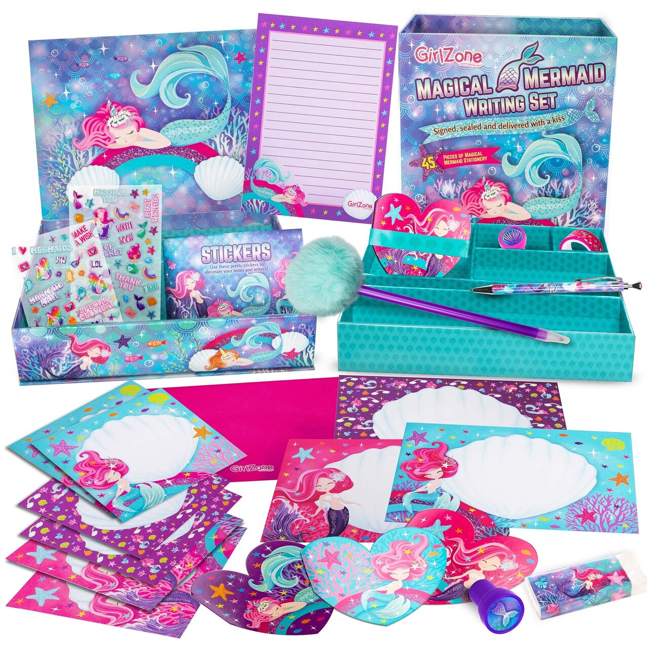 GirlZone Mermaid Stationery Set - 45-Piece, White Paper - Mermaid Writing Set & Letter Writing Kit for Kids